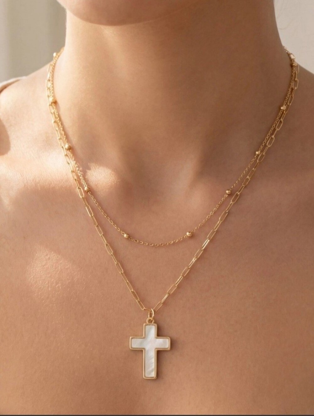 Gold Layered Cross Necklace with Mother-of-Pearl Inlay